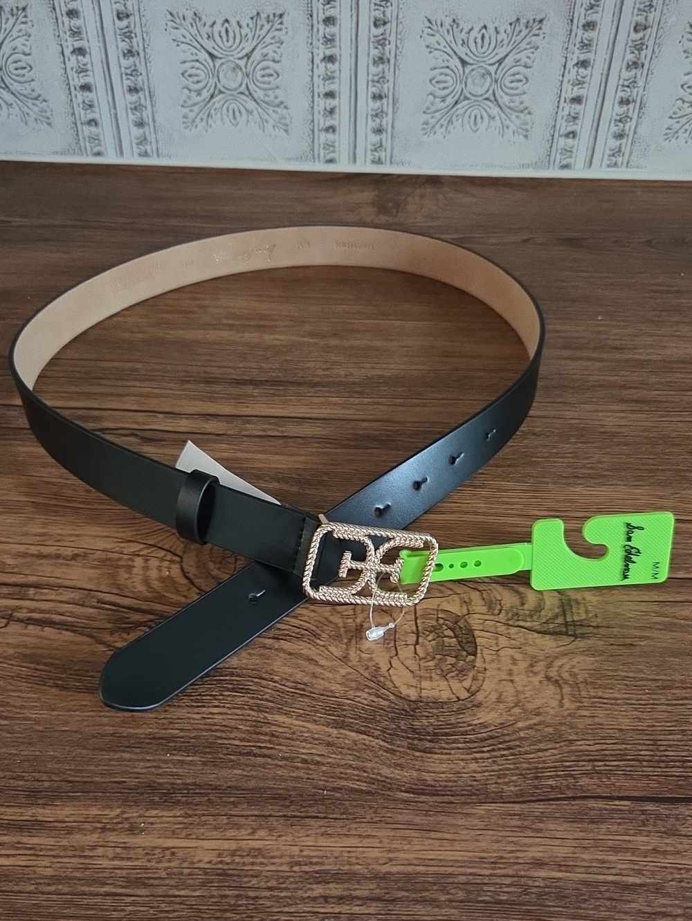 NWT Sam EdelmanWomens Black Leather Belt with Gold Interlocking Buckle